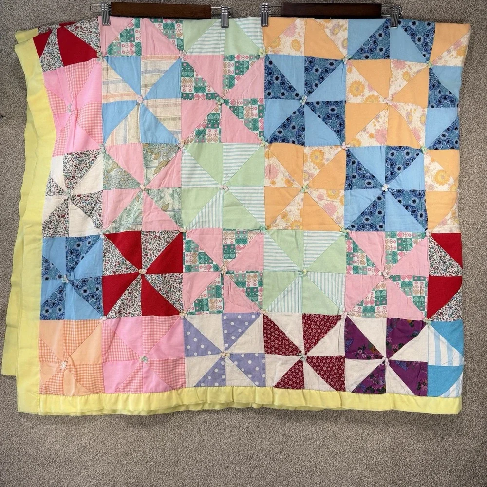 Vintage Handmade Pinwheel Colorful Scrap Quilt *Flaws* Full Size 88
